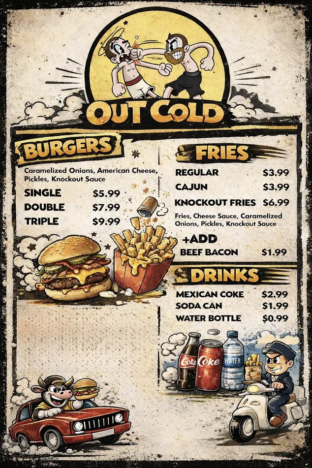 Out Cold smash burger menu - burgers, fries, and drinks
